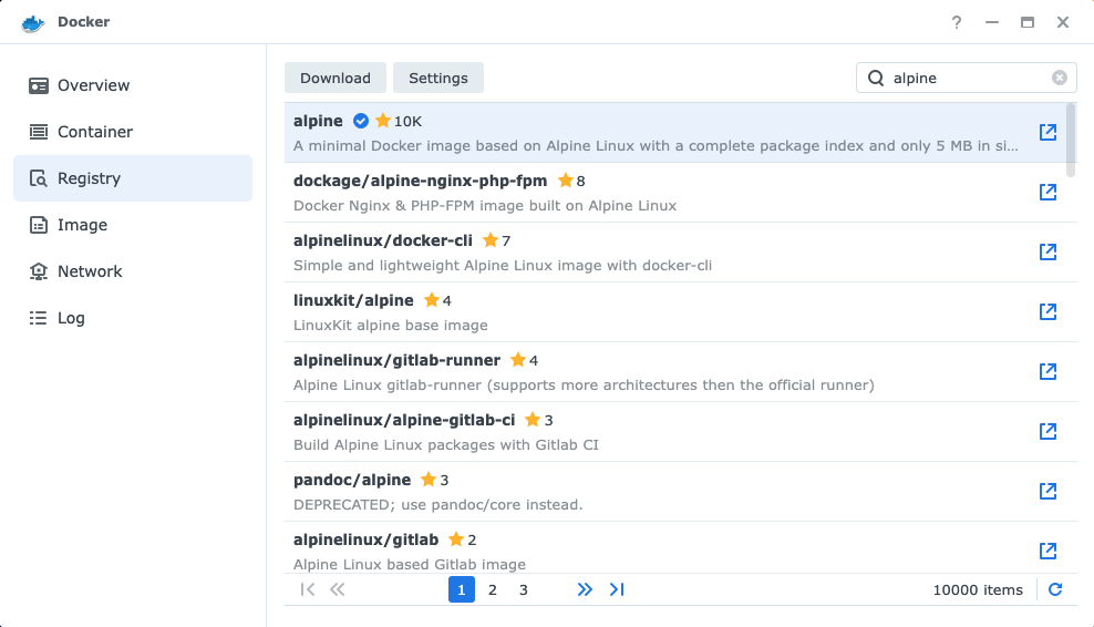 alpine in the registry